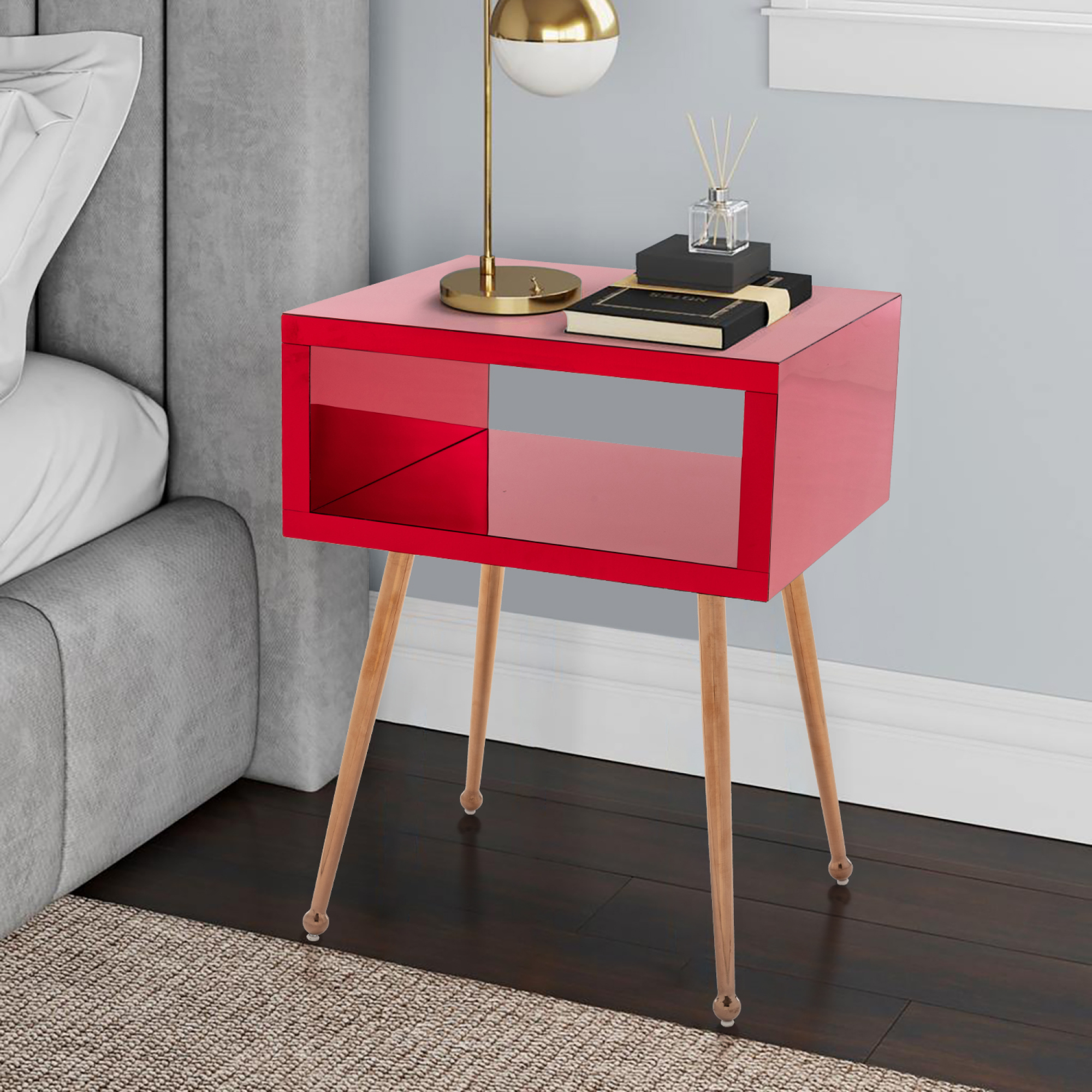 Coolmore Mirror End Table Mirror Nightstand End&Side Table (Wire Red