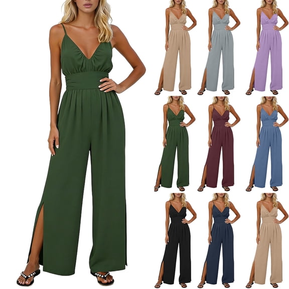 RYDCOT Womens Jumpsuits Spaghetti Straps V Neck Ruched Wide Leg Side Split Romper Casual Jumpsuits with Pockets Red