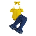 thumbnail image 1 of Conjunto de verano para niña de hoksml, pantalones acampanados con bolsillos de mezclilla a rayas de manga corta y hombros descubiertos, conjunto de camiseta y mono de 3 piezas, 1 of 8