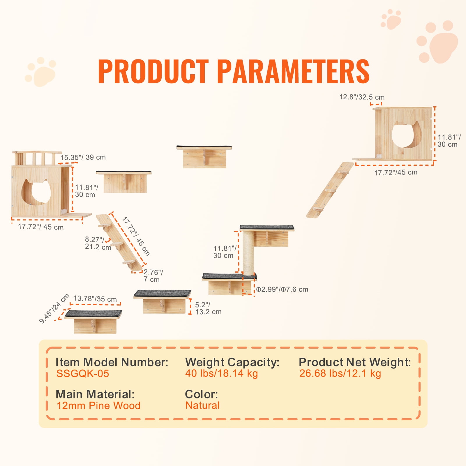 KFFKFF Cat Wall Mounts, Wall Perches and Leaping Platforms, Feline Beds, Loungers & Cat Tower, Cat Play and Rest Furniture, Supports up to 40 lbs for Resting, Frolicking, Ascending, 9-Piece Set
