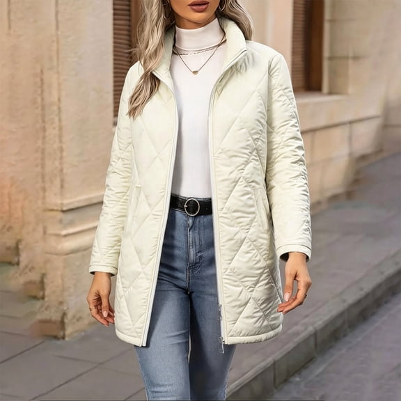 Xdegoge Womens Quilted Jacket Lightweight Long Puffer Coat Stand Collar Zip Up Winter Overcoat with Pockets Fall Casual Outerwear