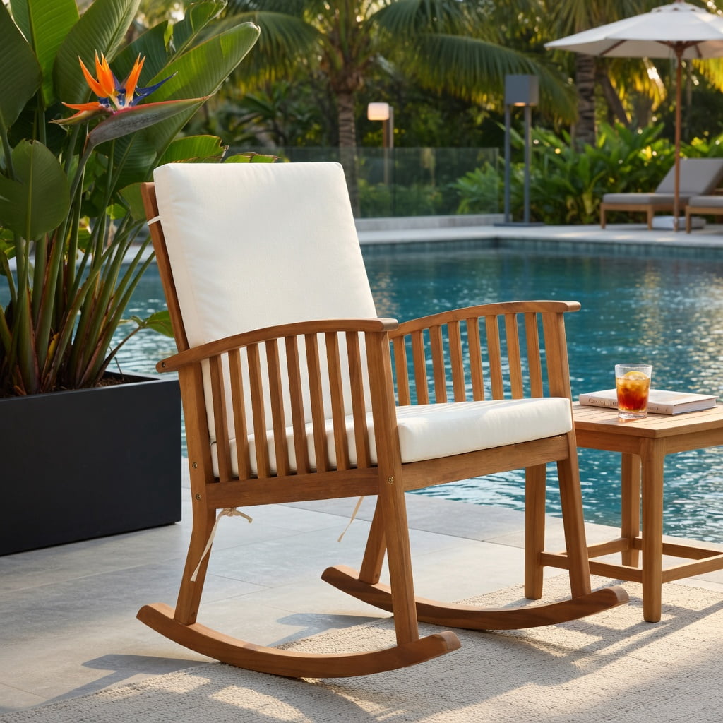 Hommoo Acacia Wood Outdoor Rocking Chair with Removable Washable Cushions, Patio, Backyard & Balcony Seating, Natural