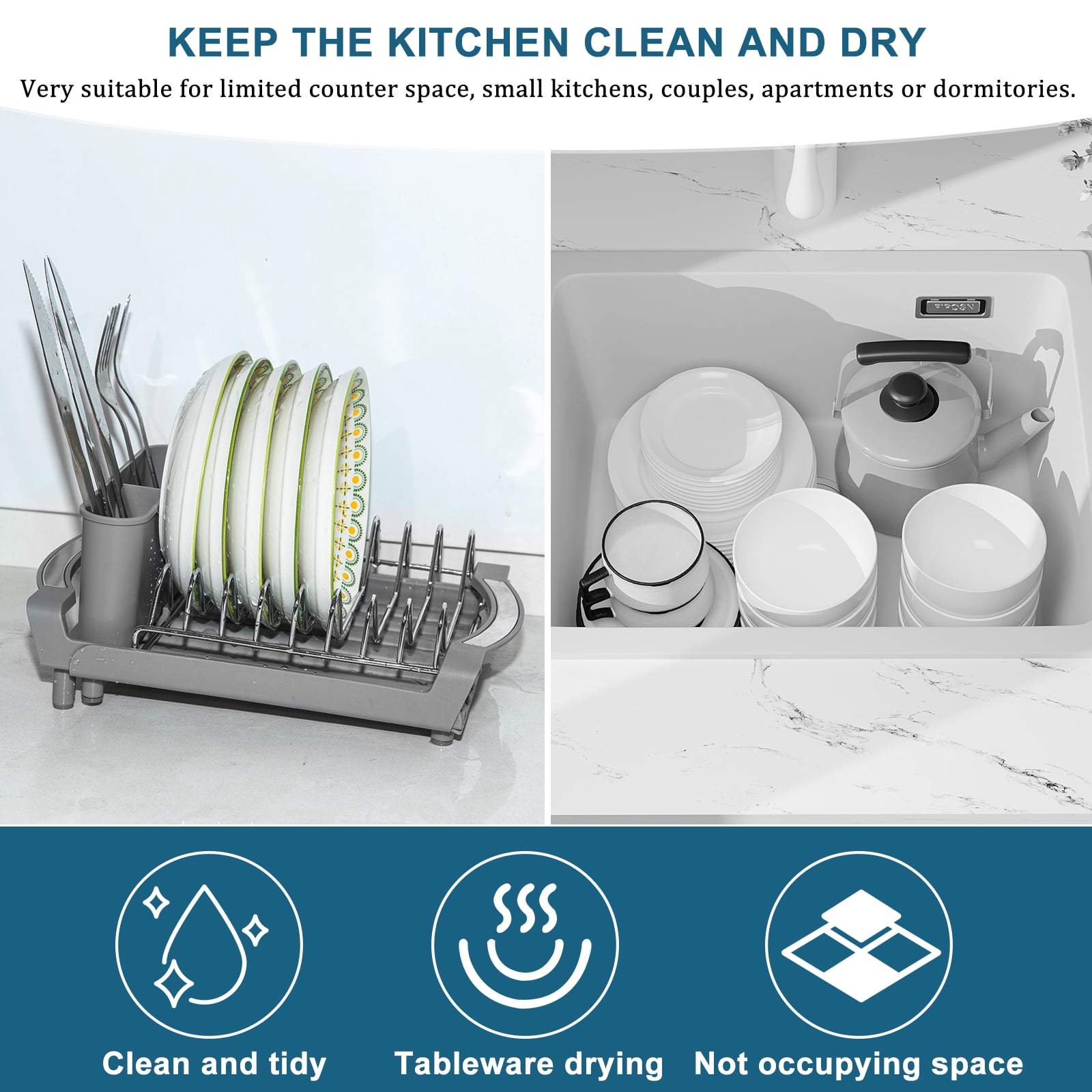 Dish Drying Rack, Extendable Dish Rack, Drying Rack Kitchen,Compact Dish Drainer,Utensil Holder, Cup Holder, Drying Rack for Kitchen Sink