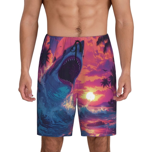 Fotbe Hawaiian Island Beach Shark Pantalones Cortos de Pijama para Hombre, Ropa de Dormir, Pantalones de Pijama Cortos para Hombre-Medium