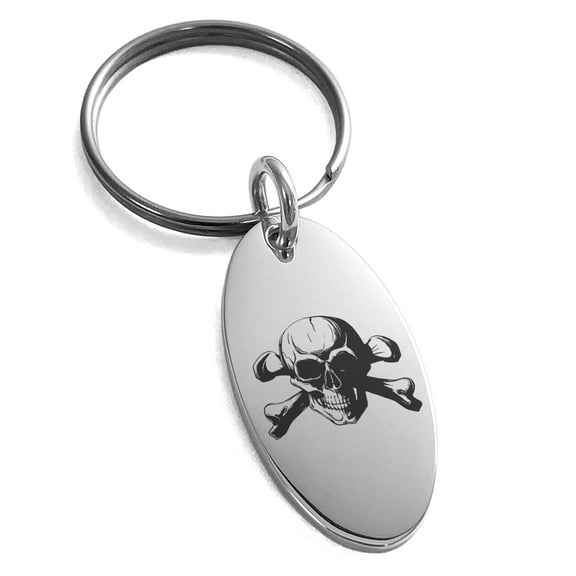 Stainless Steel Iconic Pirate Crossbones Skull Engraved Small Oval Charm Keychain Keyring