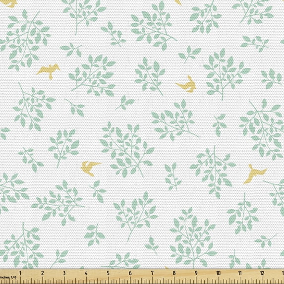 Pastel Fabric by the Yard, Pastoral Print of Garden Leaves and Birds Scattered Forest Elements, Upholstery Fabric for Dining Chairs Home Decor Accents, Almond Green Dark Yellow by Ambesonne