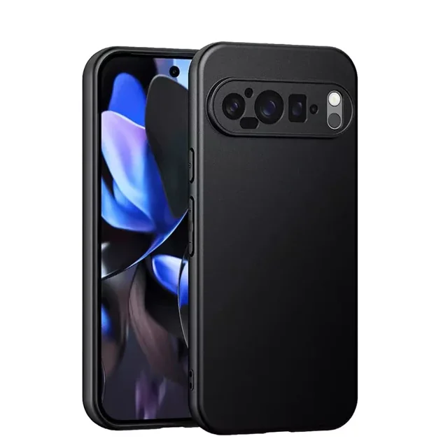 Google Pixel 9 Pro Shockproof Skin Touch Feeling Frosted Slim TPU Shell Cover Luxury Matte Case by Supershield. The case features a sleek black matte finish with a full-body frosted texture that resists fingerprints and stays clean. Made from high-quality silicone, it is soft, flexible, and durable, offering military-grade drop protection with Air Guard corners to absorb shocks. Raised edges safeguard the screen and camera from scratches and cracks. Designed with precise cutouts for easy access to all ports and buttons, it supports wireless charging with a strong magnetic lock for secure attachment to MagSafe or HaloLock accessories. Lightweight and pocket-friendly, it provides reliable protection without adding bulk.