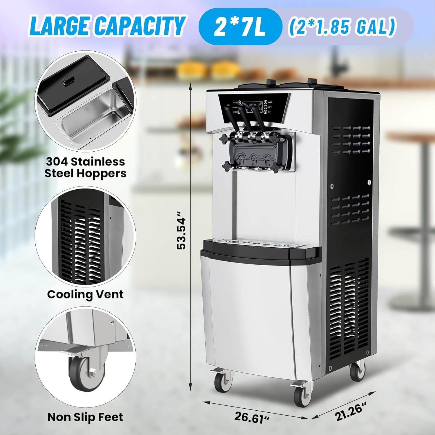 Senfot ABS Freestanding 3-Head Soft Serve Ice Cream Machine, 2200W Commercial Ice Cream Maker for Snack Bar Dessert Shop Silver