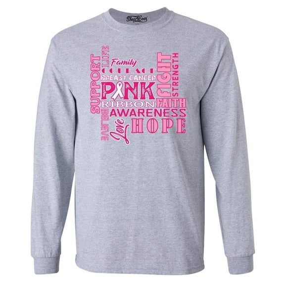 Shop4Ever Men's Breast Cancer Support Fight Ribbon Awareness Long Sleeve Shirt X-Large Sports Grey