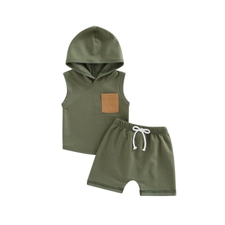 

Calsunbaby Infant Baby Boys 2Pcs Outfits Patchwork Hooded Sleeveless Tank Tops + Elastic Waist Shorts Summer Sets Army Green 18-24 Months