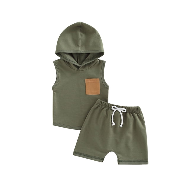 Mialoley Infant Baby Boy 2 Pieces Outfits, Patchwork Hooded Sleeveless Tank Tops + Elastic Waist Solid Color Shorts Summer Set