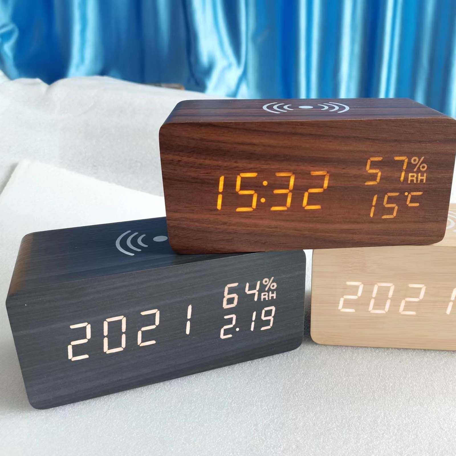 Wooden Digital Alarm Clock with Qi Wireless Charger, Large LED Display, Temp & Date for Bedroom Nightstand