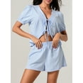 thumbnail image 6 of Rdhnmea Women's Y2k 2 Piece Pajamas Set Puff Sleeve Peplum Tie Front Tops Elastic Waist Shorts Plaid Lounge Sleepwear 2Pcs PJs, 6 of 9