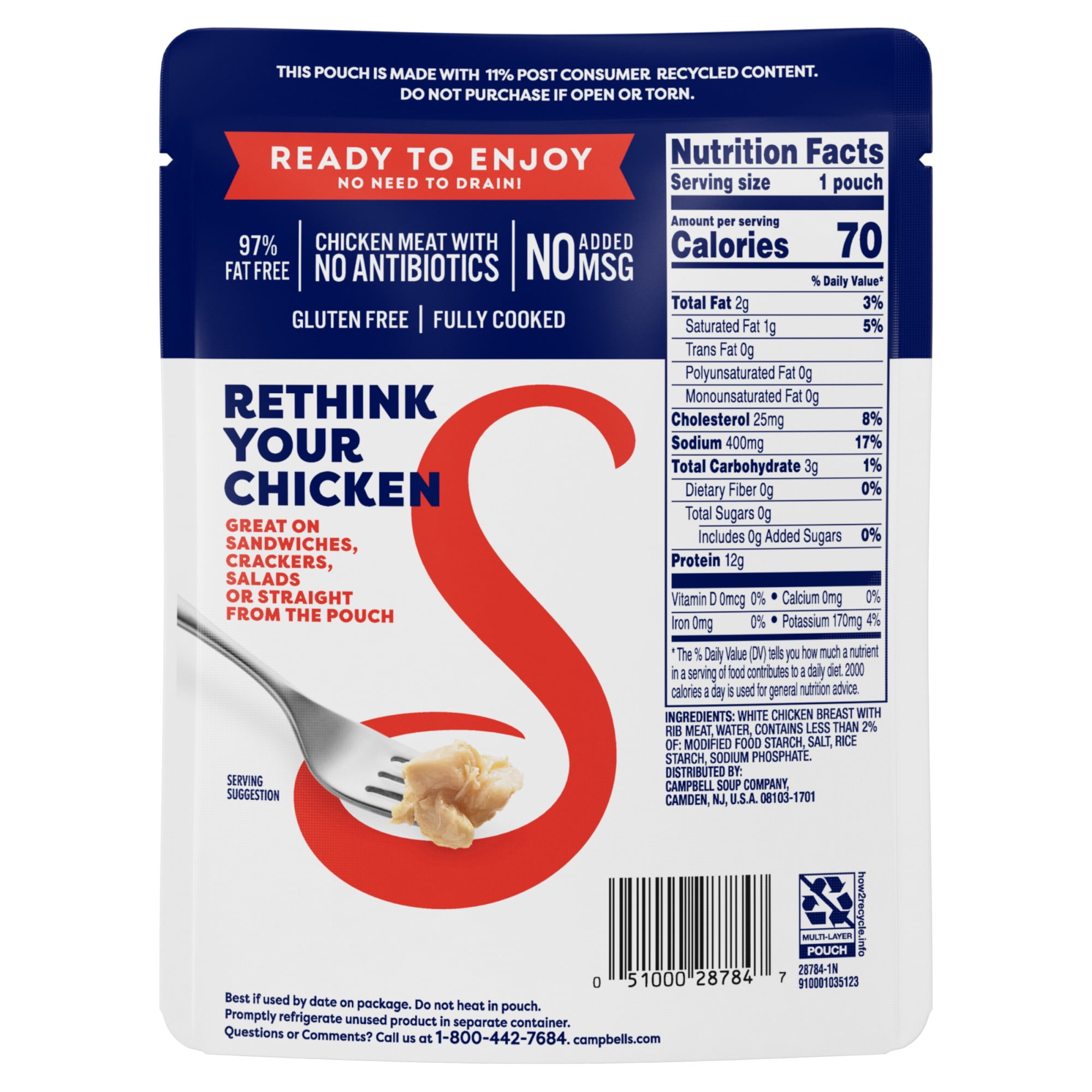 (12 pack) Swanson Original White Chunk Fully Cooked Chicken, Ready to Eat, Simple on-the-Go Meals, 2.6 oz Pouch