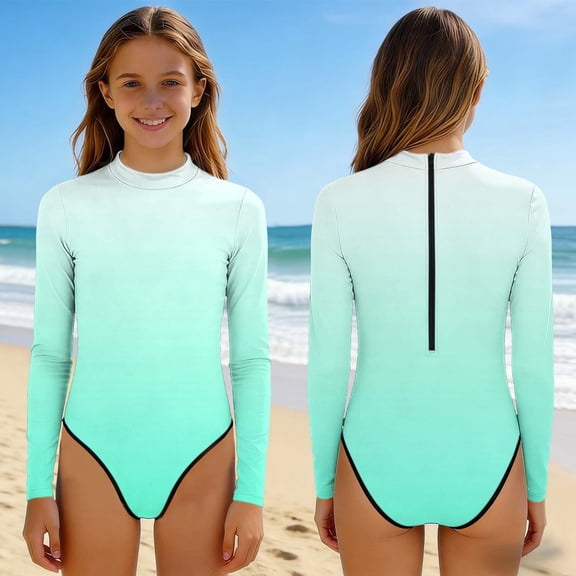 ATOGUTA Swim Suits for Girls Long Sleeve Rash Guard Bathing Suit Beach Swimwear Swimming Set Size 2T-13, Green