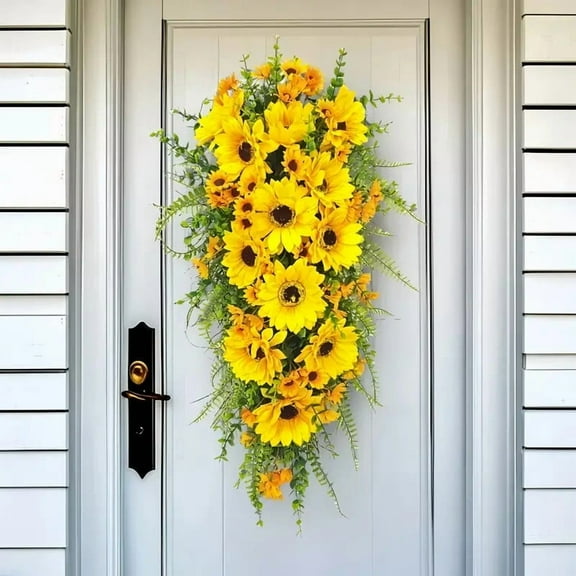 Summer Sunflower Swag Summer Wreath 23.6''  Artificial Spring Wreath Wall Hanging Indoor Outdoor Decorations for Home Party Window Front Door Wedding