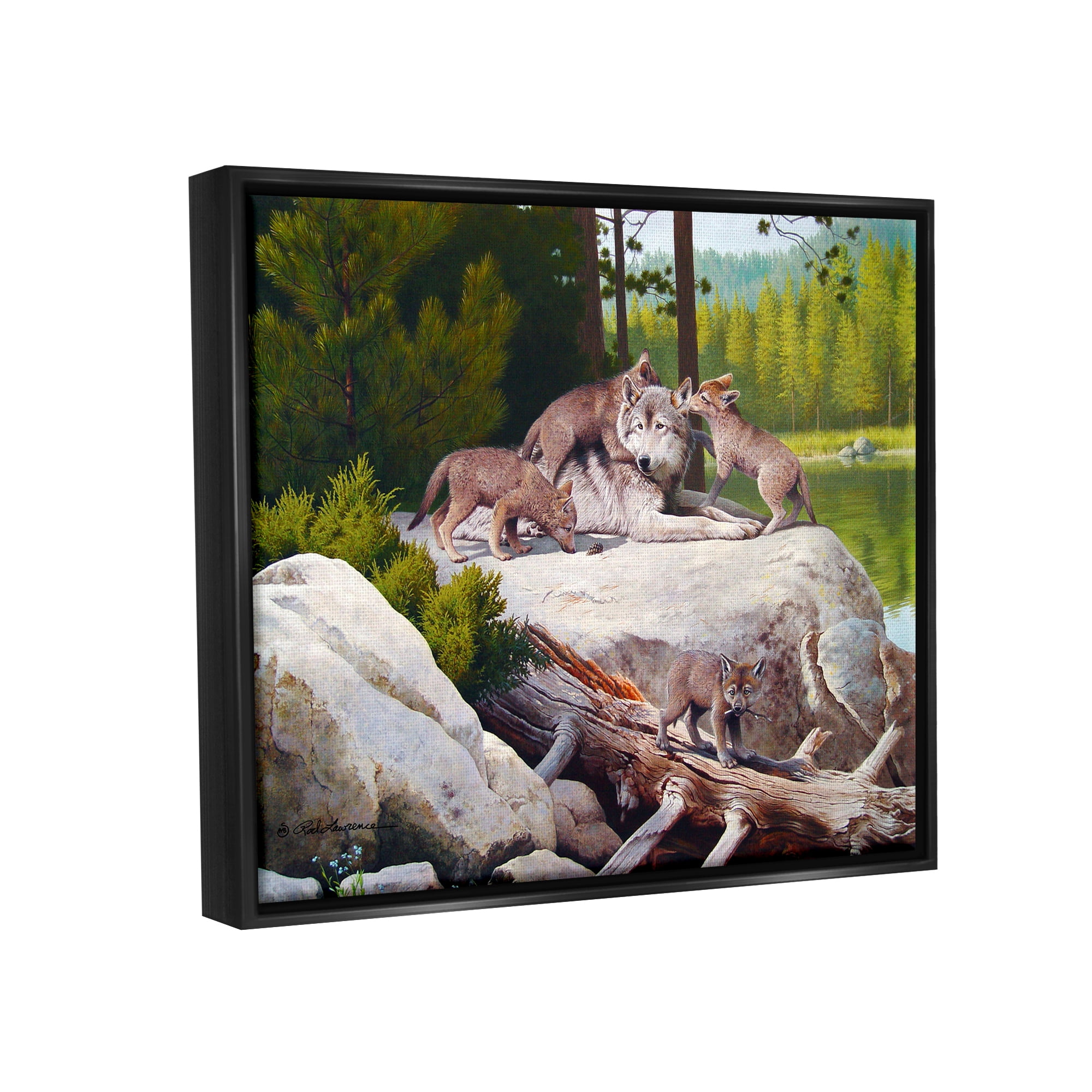 Stupell Industries Wolf & Cubs in Nature Animals & Insects Painting Black Floater Framed Canvas Art Print Wall Art, 21 x 17