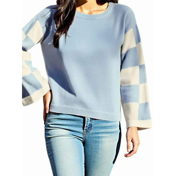Womens Casual Checkered Color Block Sweaters Crew Neck Long Sleeve Cropped Knit Pullover Blue M