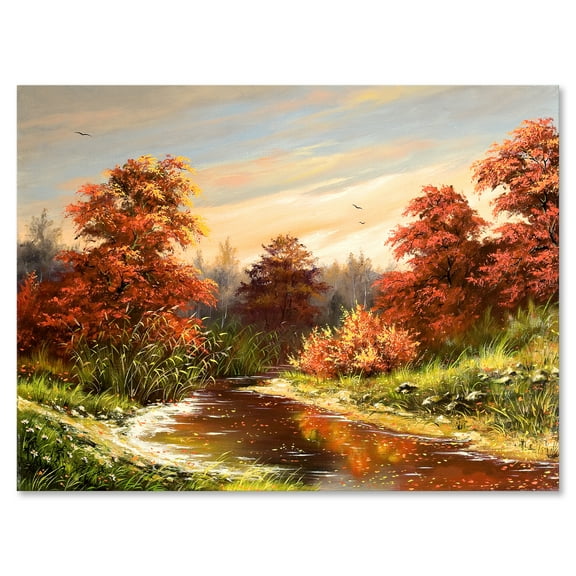 Designart ' The Wood River On A Decline In An Orange Autum Summer ' Lake House Canvas Wall Art Print