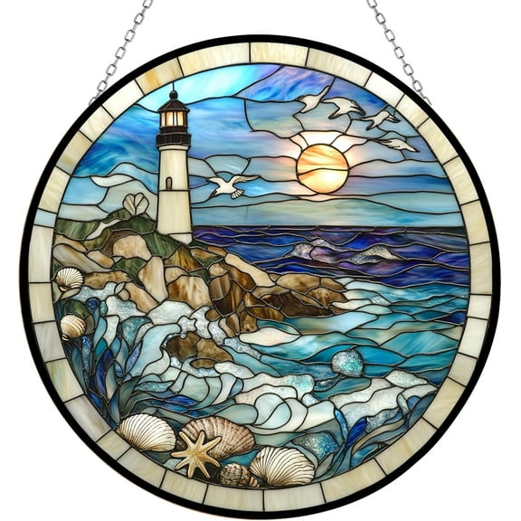 Coastal Lighthouse Stained Glass Window Hanging Sun Catcher Halloween Haning Ornament Decoration Christmas Birthday Gifts for Lover and Friends