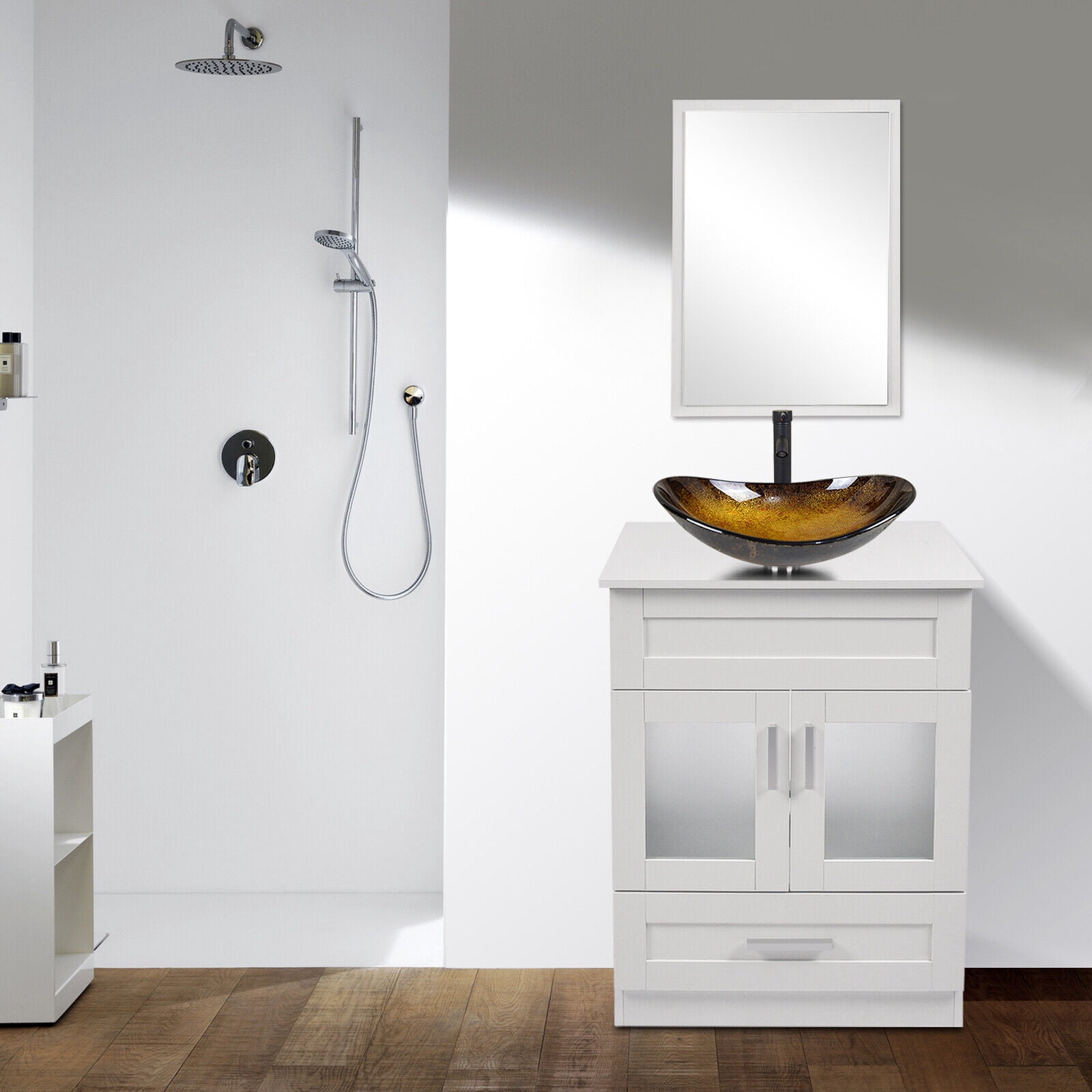 FULLWATT 24" Vanity Bathroom Cabinet with Mirror and Vessel Sink Bowl Faucet Combo Set