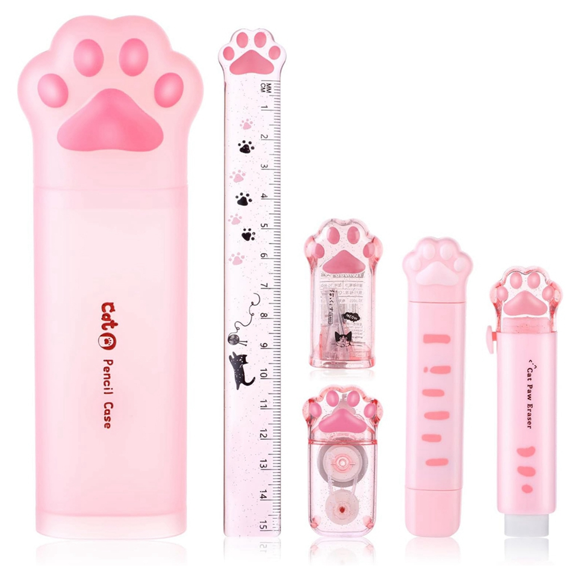 Cute Cat Stationery Set, 6 Pcs Kawaii Cat Stationary Kit Pencil Sharpener Retractable Eraser Correction Tape Ruler