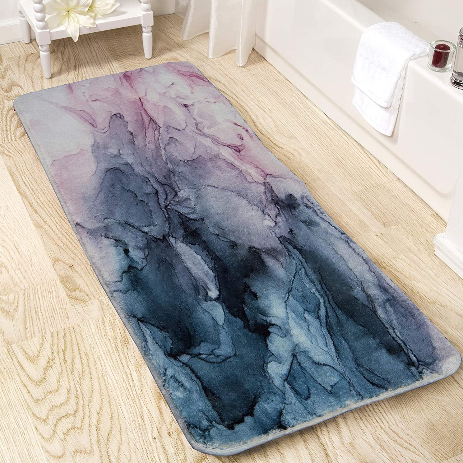 Yokii Blush Blue Bath Runner Rugs Non Slip 18x47 Faux Wool Soft