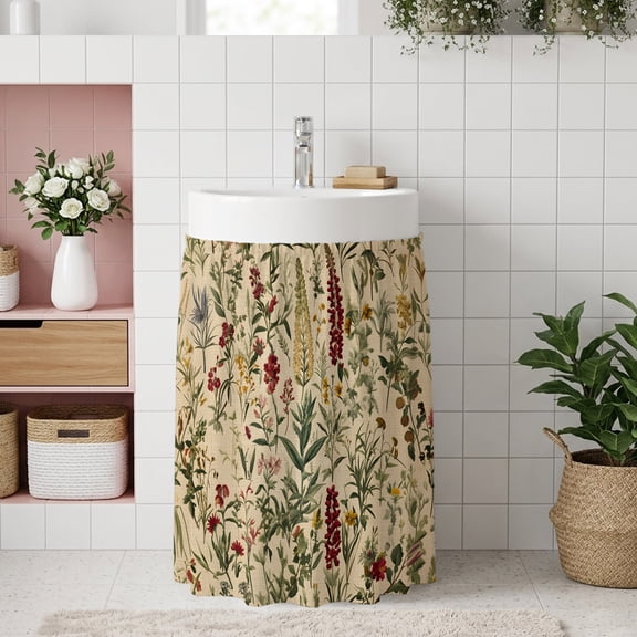 Small Cabinet Curtain 11''W x 13''L, Rustic Botanical Under Sink Cover Drapes, Vintage Floral Wildflower Self Adhesive Cabinet Skirt for Kitchen/Bathroom Vanity/Laundry Room/Open Shelf