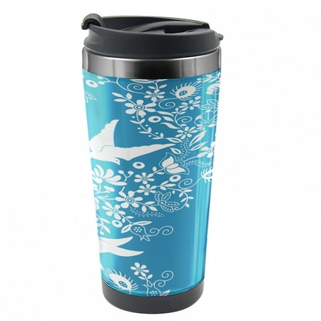 

Blue Travel Mug Flowers Flying Doves Asian Steel Thermal Cup 16 oz by Ambesonne