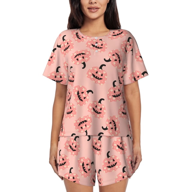 Xecao Smiling Pink Pumpkins Pattern Women's Short Sleeve Pajama Set Soft Sleepwear Lounge Set with Button Front Top and Drawstring Shorts with Pockets-Small