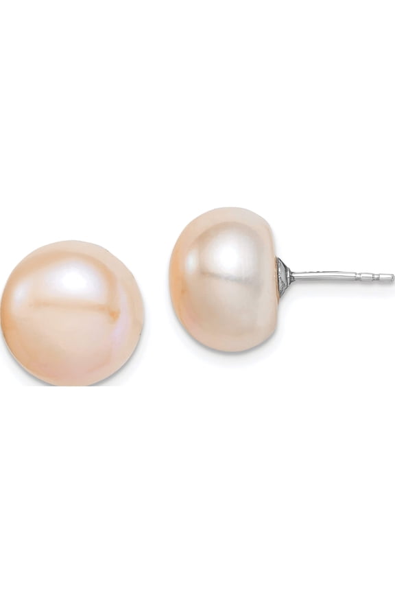 Sterling Silver Rh-Pl 11-12mm Pink Fw Cultured Button Pearl Stud Earrings Made In Canada qe12687