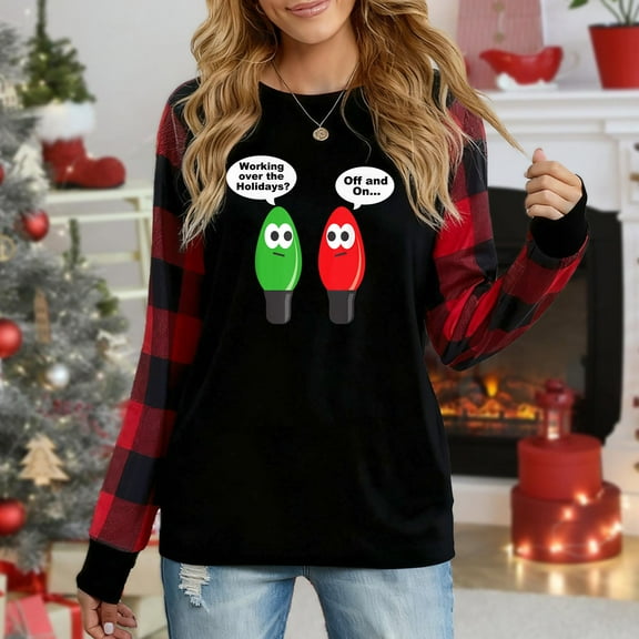 Women's Christmas Plaid Long Sleeve Top, "Working Over Holidays Funny Christmas Lights Festive Graphic" Casual Shirt