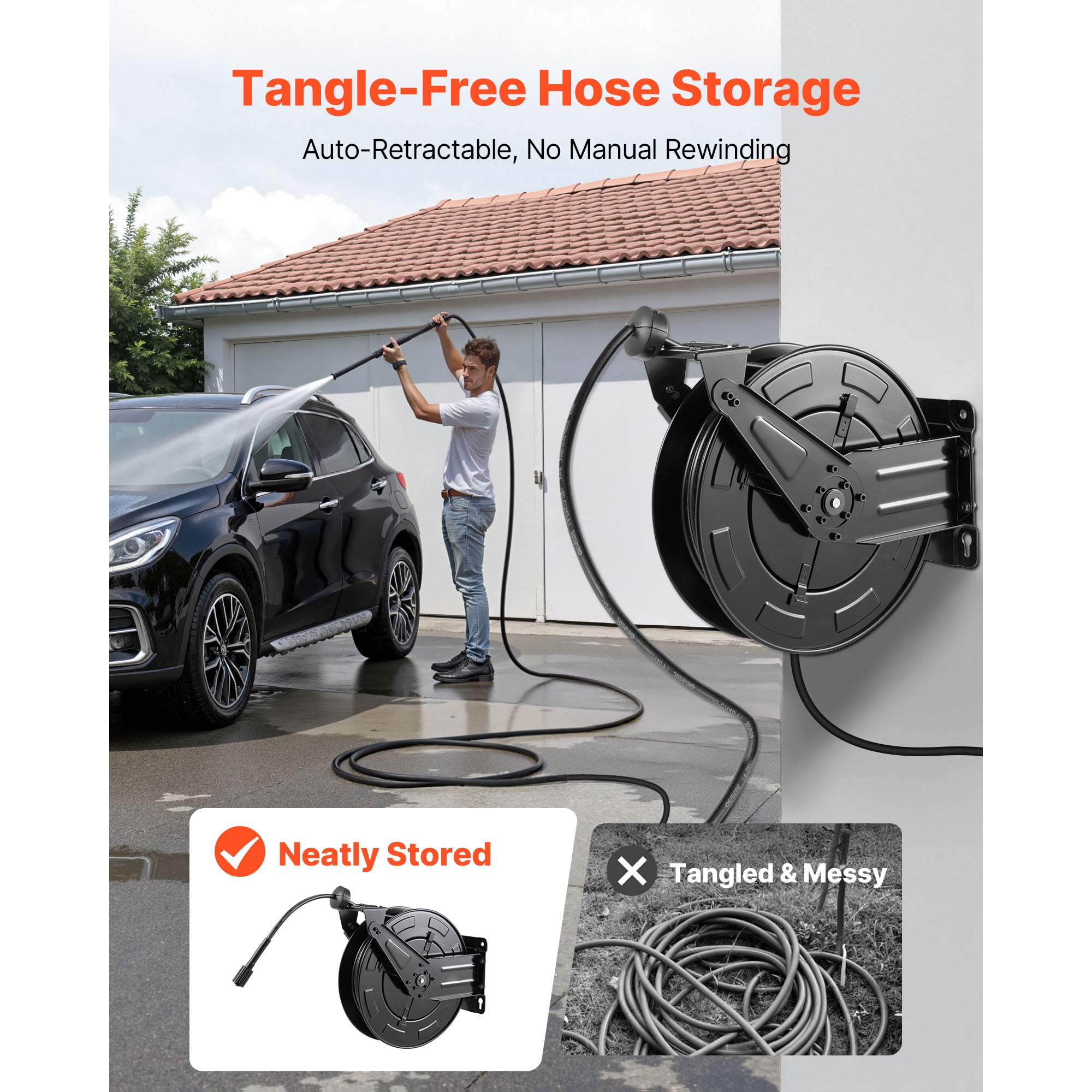 KFFKFF Retractable Pressure Washer Hose Reel, 50 ft x 3/8 inch, Heavy-Duty Steel, 4000 PSI Max, Auto-Rewind, Wall/Floor Mount for Car Wash, Garden, and Floor Cleaning