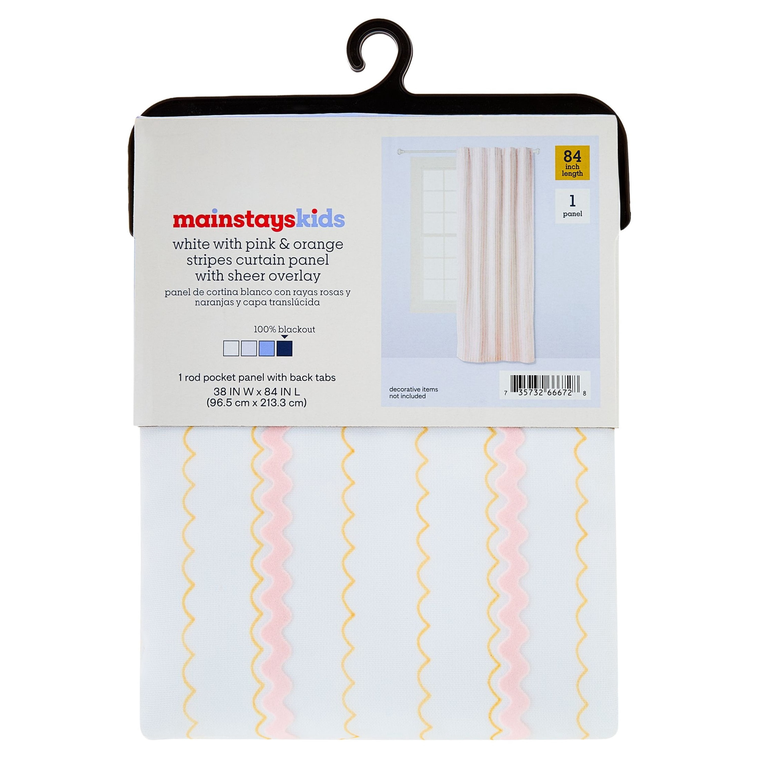 Mainstays Kids White and Pink Scallop Stripe Sheer Overlay Blackout Rod Pocket with Back Tabs Single Curtain Panel, 38" W x 84" L
