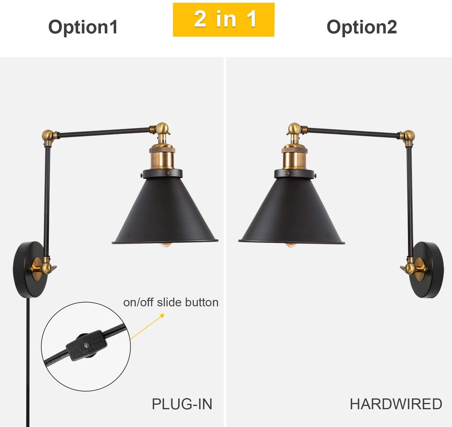 LNC Farmhouse Black Wall Sconces Plug-In Wall Light Adjustable (2-Pack)