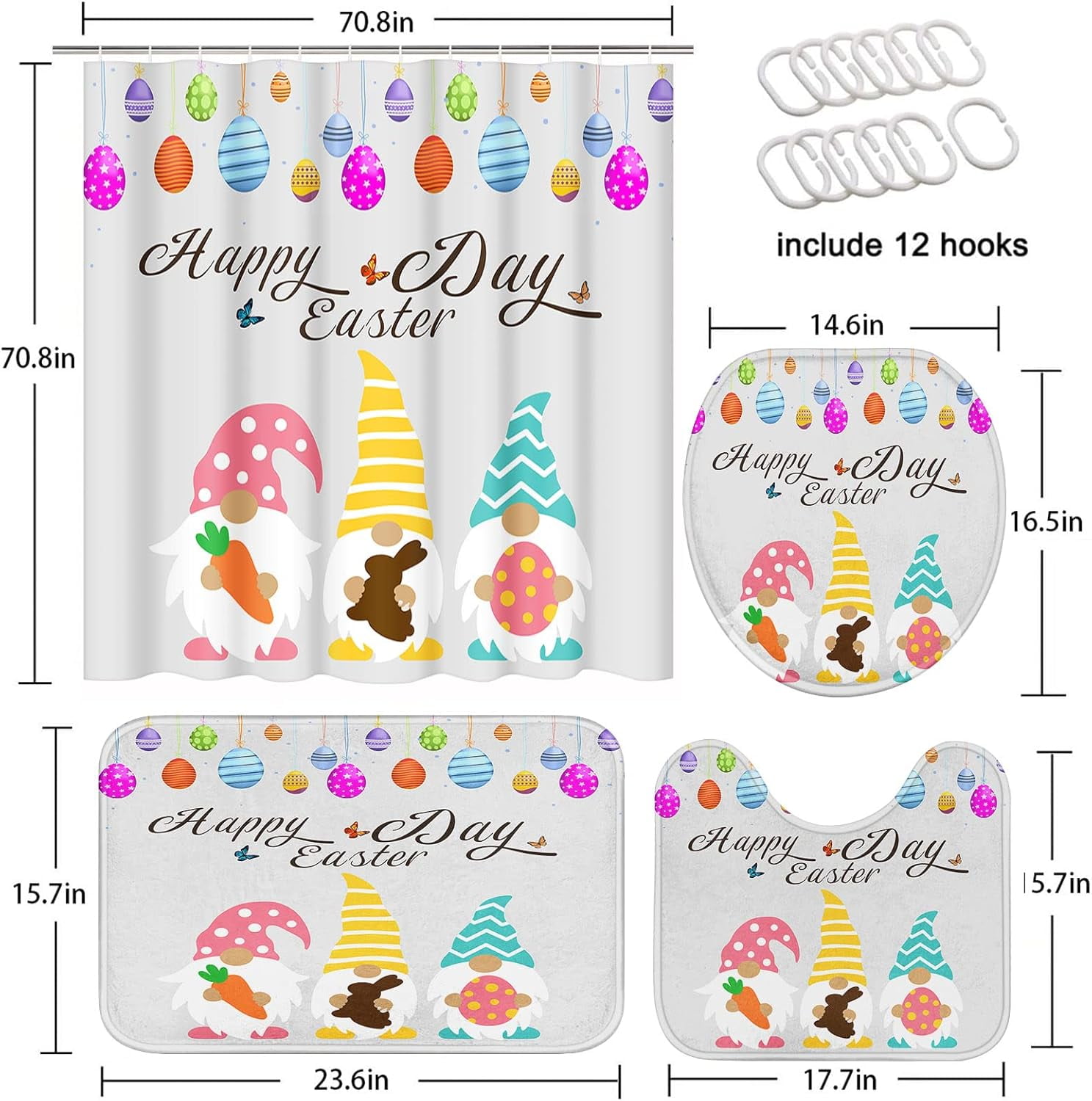 4 Pcs Shower Curtain Set Happy Easter Brown Bunny Bottom Pink Rabbit with Non-Slip Rugs Toilet Lid Cover and Bath Mat Bathroom Decor Set 72 x 72 inch