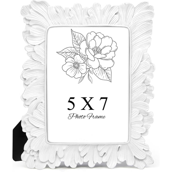 White Picture Frame 5x7 Frames, Vintage white Palm Leaves Textured Hand-Crafted Resin with Glass Front Elegant Retro Vintage Design Photo Frame for Tabletop Display Home Decor