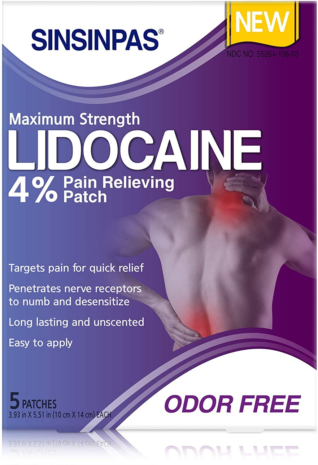 SINSINPAS Maximum Strength Lidocaine 4 Pain Relieving Patch 1 Pack (5 Patches Total) Pain
