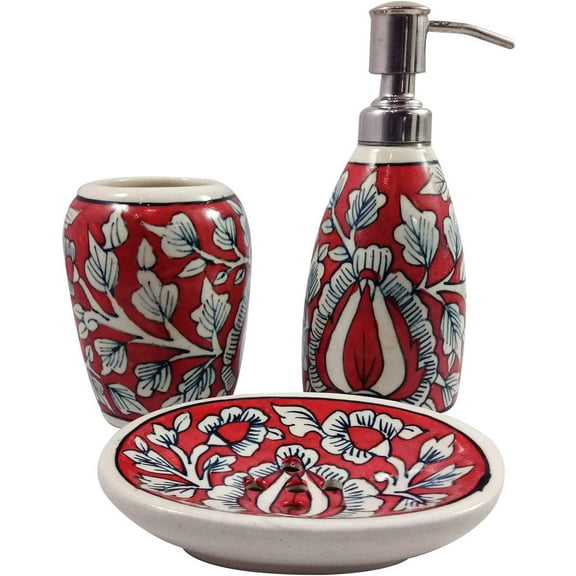 India Meets India Handicraft Ceramic Bathroom Accessories Set-Soap Dish, Liquid Dispenser, Toothbrush Holder Set, Best Gifting, Made by Awarded- Indian Artisan