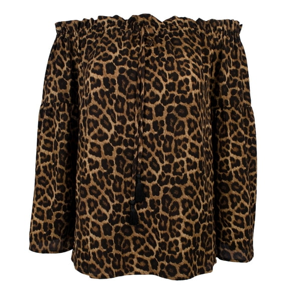 Women's Patterned Off-The-Shoulder Bell Sleeve Tassel Top-C-XS