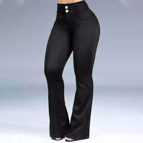 Babysbule Womens Denim Flared Jeans Women Fashion Leisure Pocket Button Trousers Slightly Flared Pants