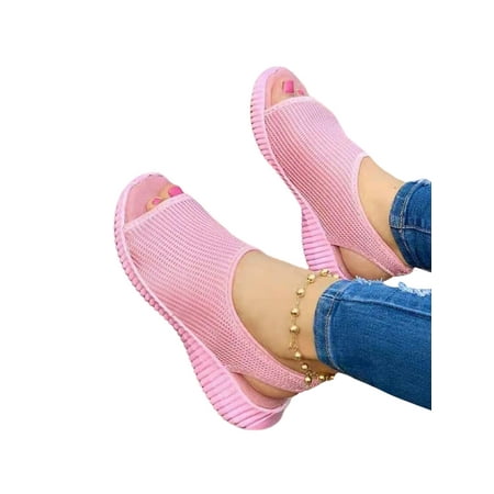 

Lacyhop Womens Summer Lightweight Low Wedge Slide Peep Toe Flying Weaving Non Slip Comfort Shoes