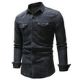 thumbnail image 2 of Mikilon Solid Color Pocket Button Lapel Collar Washed Denim Long Sleeve Men's Shirt, 2 of 6
