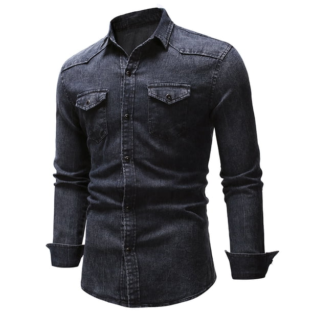 camisa de hombre de manga larga de mezclilla lavada con cuello de solapa y botón de bolsillo de color sólido Pompotops oipoqjl27485