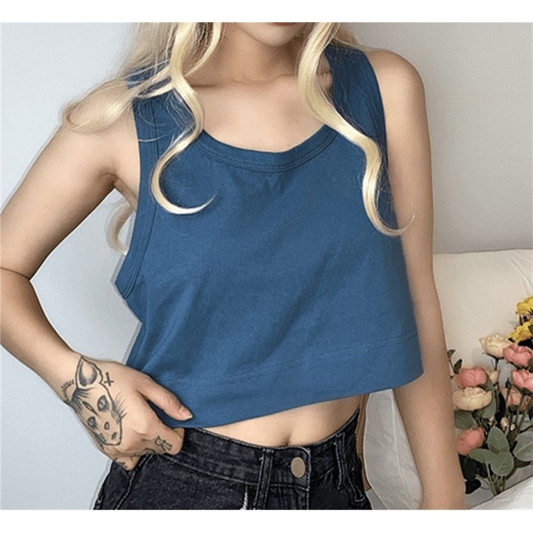 Yinyinxull Women Y2K Crop Tops Loose Pure Color Tank Tops U-Neck Wide  Camisole Streetwear Dark Blue L