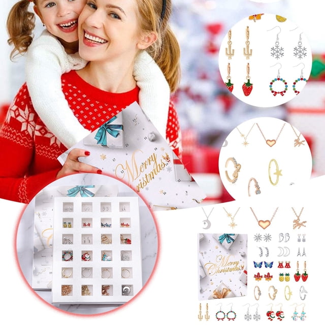 Ensembles de Bijoux Calendrier de Noël pour Femmes Compte à Rebours 24 Jours Mode Surprise Collier Boucles d'Oreilles pour Femmes