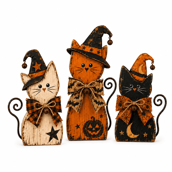 ARVOV Vintage Wooden Witch Cat Halloween Decor Set of 3, Rustic Cat Figurines for Mantel Shelf Tabletop Entryway Fall Home Decor