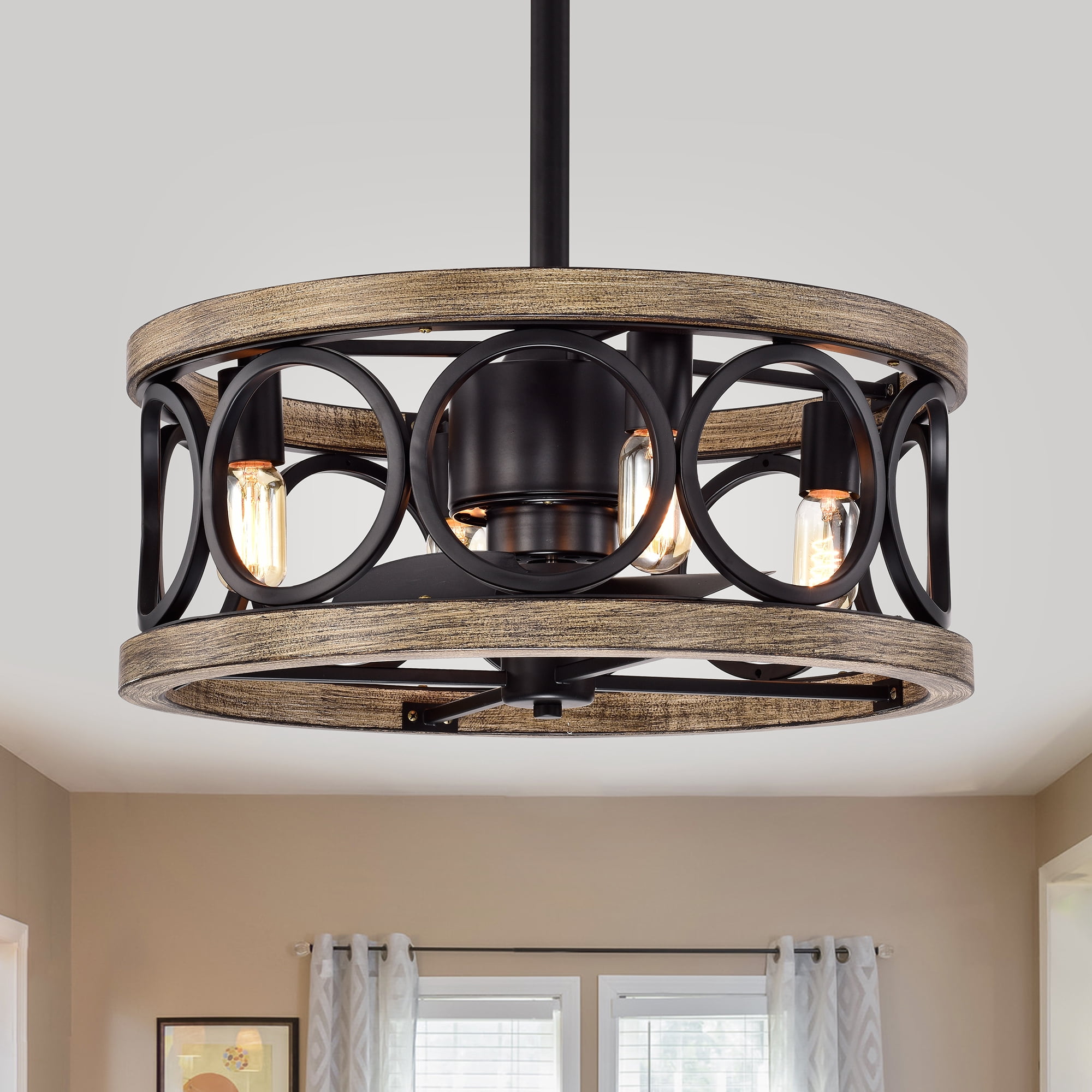Catrin Matte Black+Imitation Wood Grain 21-Inch 4-Light Open Metal Drum Shade Fandelier