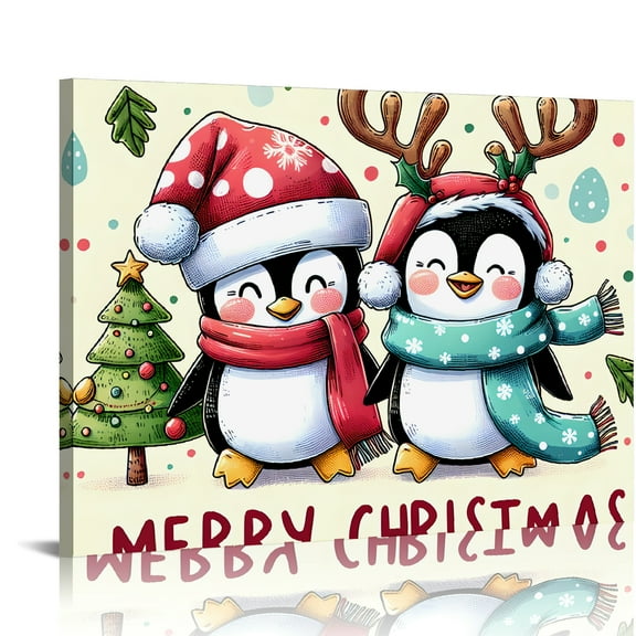 YILUYINQING Penguins Christmas Trees Wall Art Canvas Print Home Decor Ready To Hang Room Decorations 16x12in