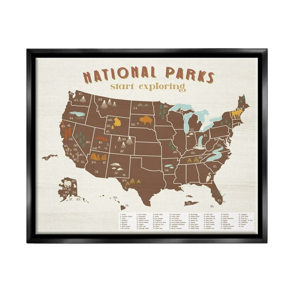 Stupell Industries Start Exploring National Parks Map United States Jet Black Framed Floating Canvas Wall Art, 16x20, by Daphne Polselli